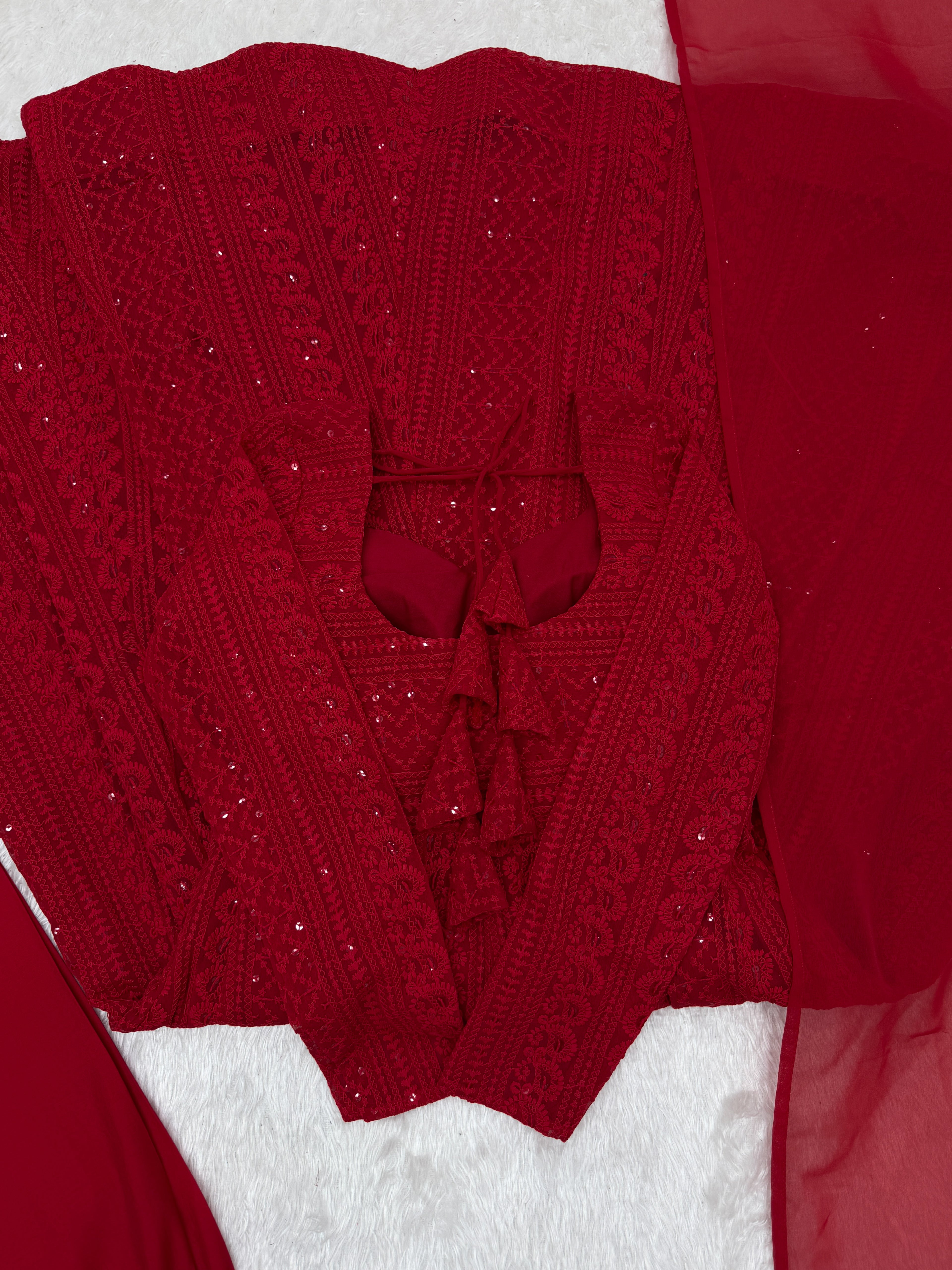 Lucknowi Georgette Anarkali Suit Set | Sequin & Thread Work with Dupatta & Pant