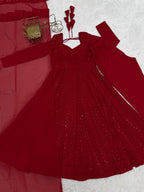 Lucknowi Georgette Anarkali Suit Set | Sequin & Thread Work with Dupatta & Pant