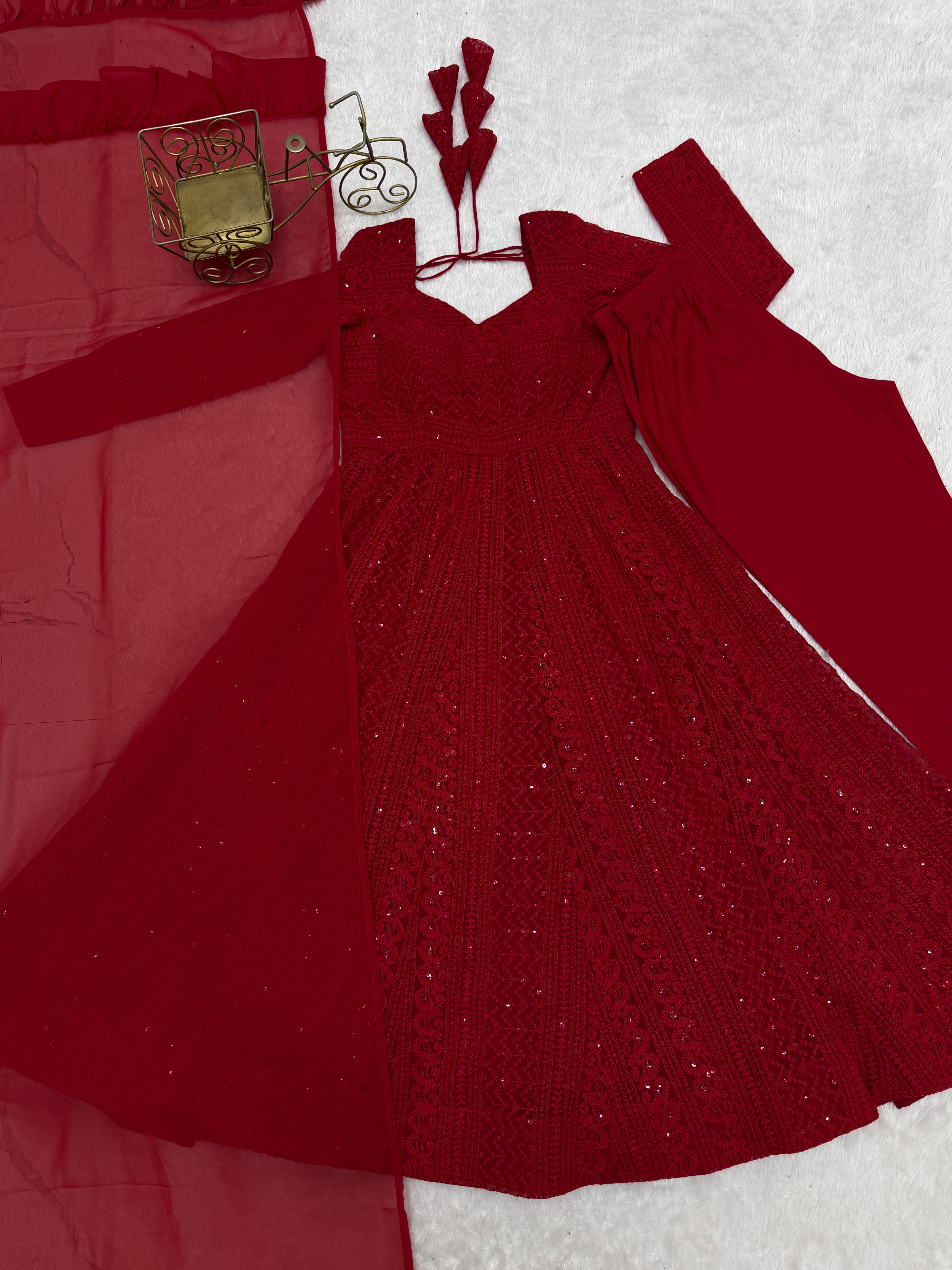 Lucknowi Georgette Anarkali Suit Set | Sequin & Thread Work with Dupatta & Pant