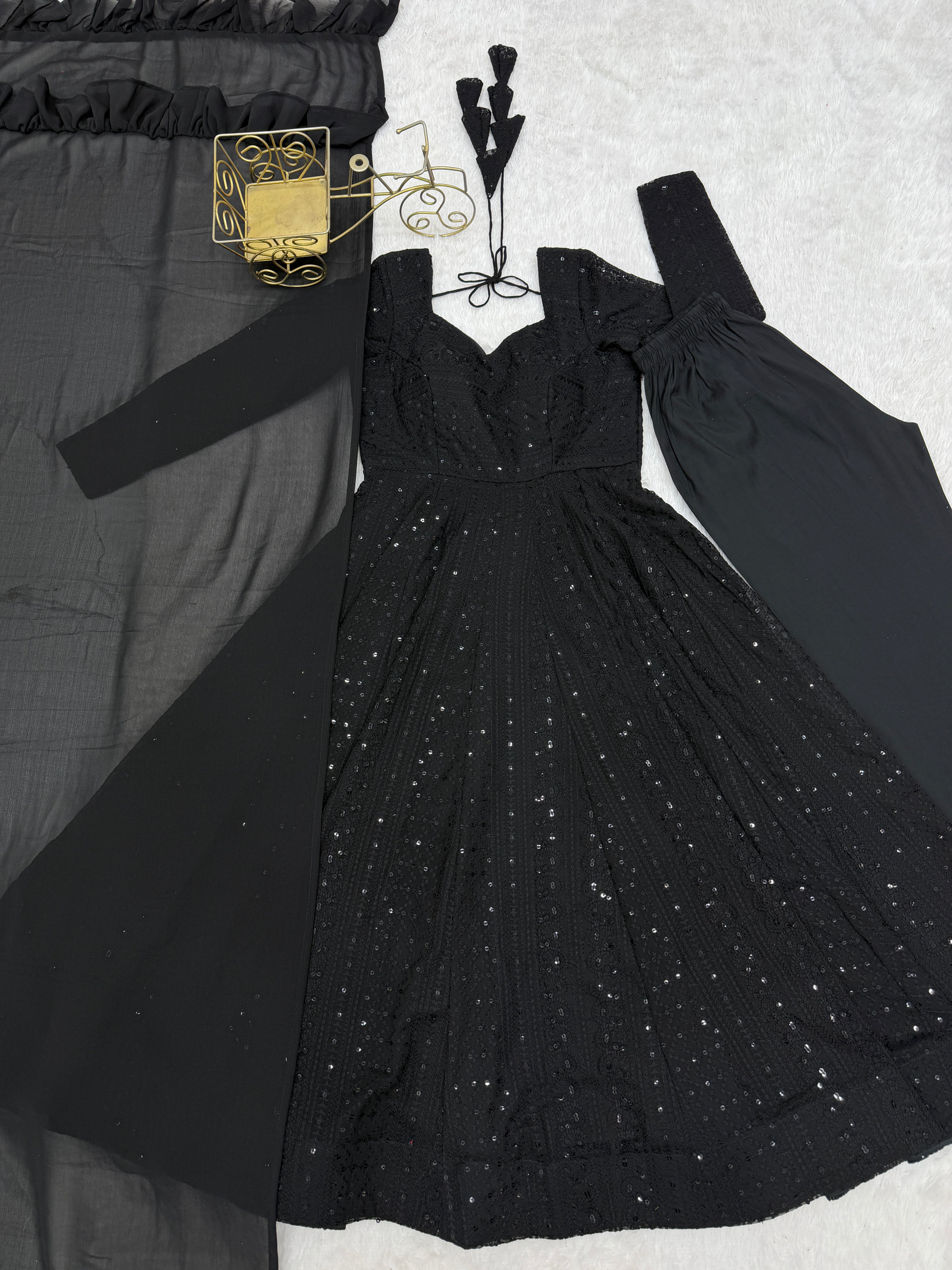 Lucknowi Georgette Anarkali Suit Set | Sequin & Thread Work with Dupatta & Pant
