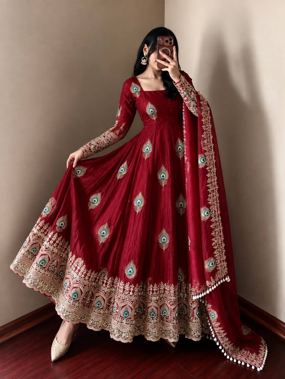 Fendy Silk Gown Set | Sequin Embroidered Dupatta | VrindaaLuxe