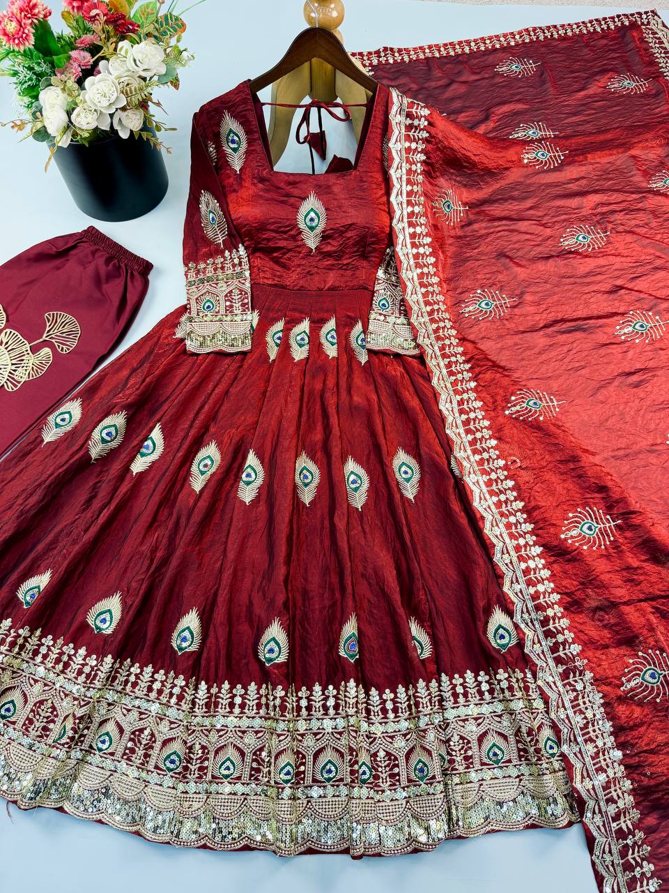 Fendy Silk Gown Set | Sequin Embroidered Dupatta | VrindaaLuxe