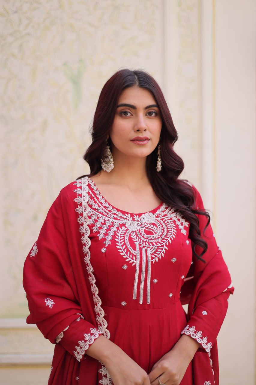 Designer Mal Chanderi Gown Set with Pant & Dupatta for Women