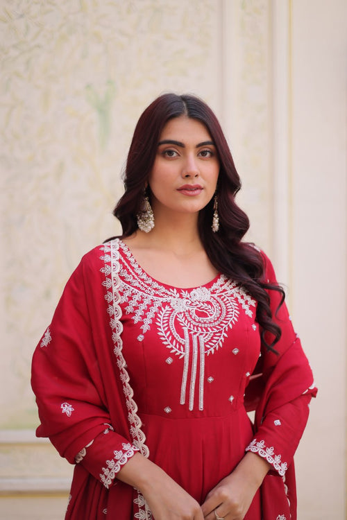Designer Mal Chanderi Gown Set with Pant & Dupatta for Women