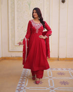 Designer Mal Chanderi Gown Set with Pant & Dupatta for Women