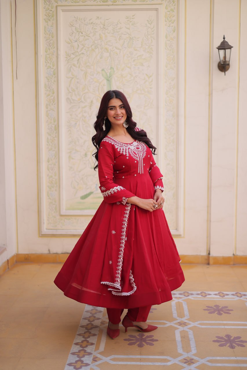 Designer Mal Chanderi Gown Set with Pant & Dupatta for Women