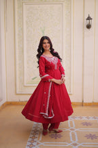 Designer Mal Chanderi Gown Set with Pant & Dupatta for Women