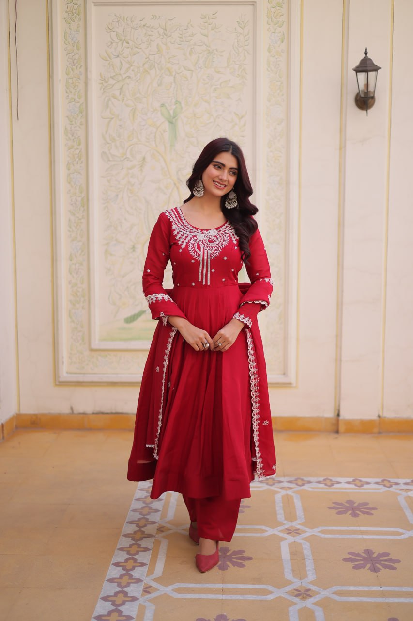 Designer Mal Chanderi Gown Set with Pant & Dupatta for Women