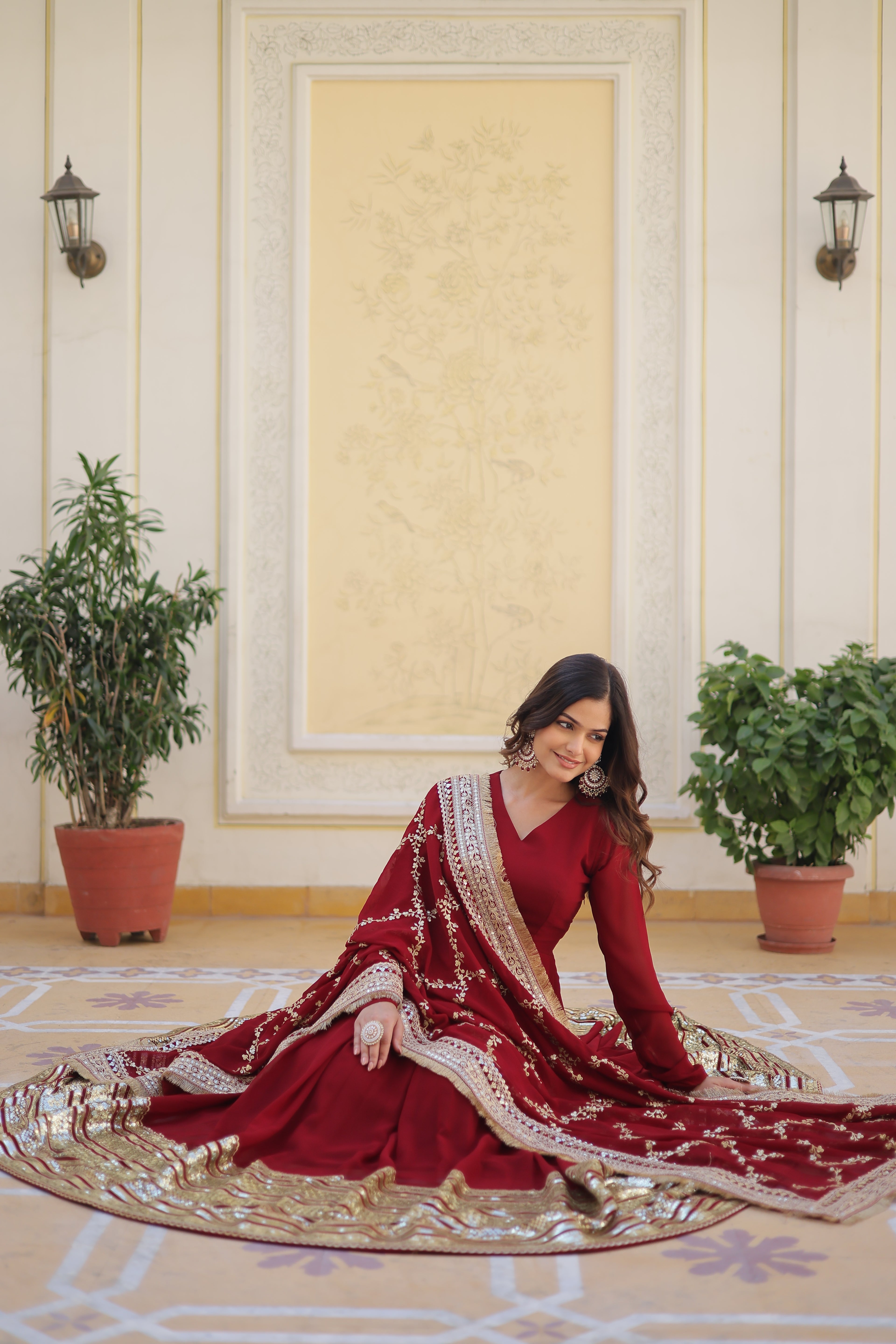 Maroon Blooming Gown with Dupatta | Zari Sequin Embroidered