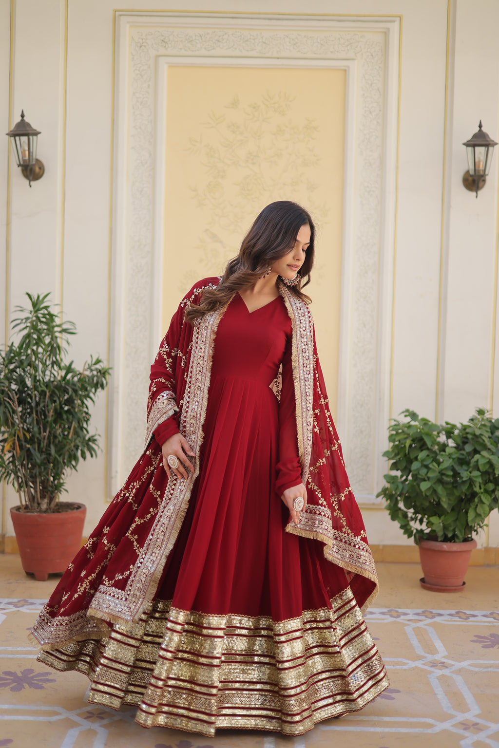 Maroon Blooming Gown with Dupatta | Zari Sequin Embroidered