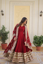 Maroon Blooming Gown with Dupatta | Zari Sequin Embroidered