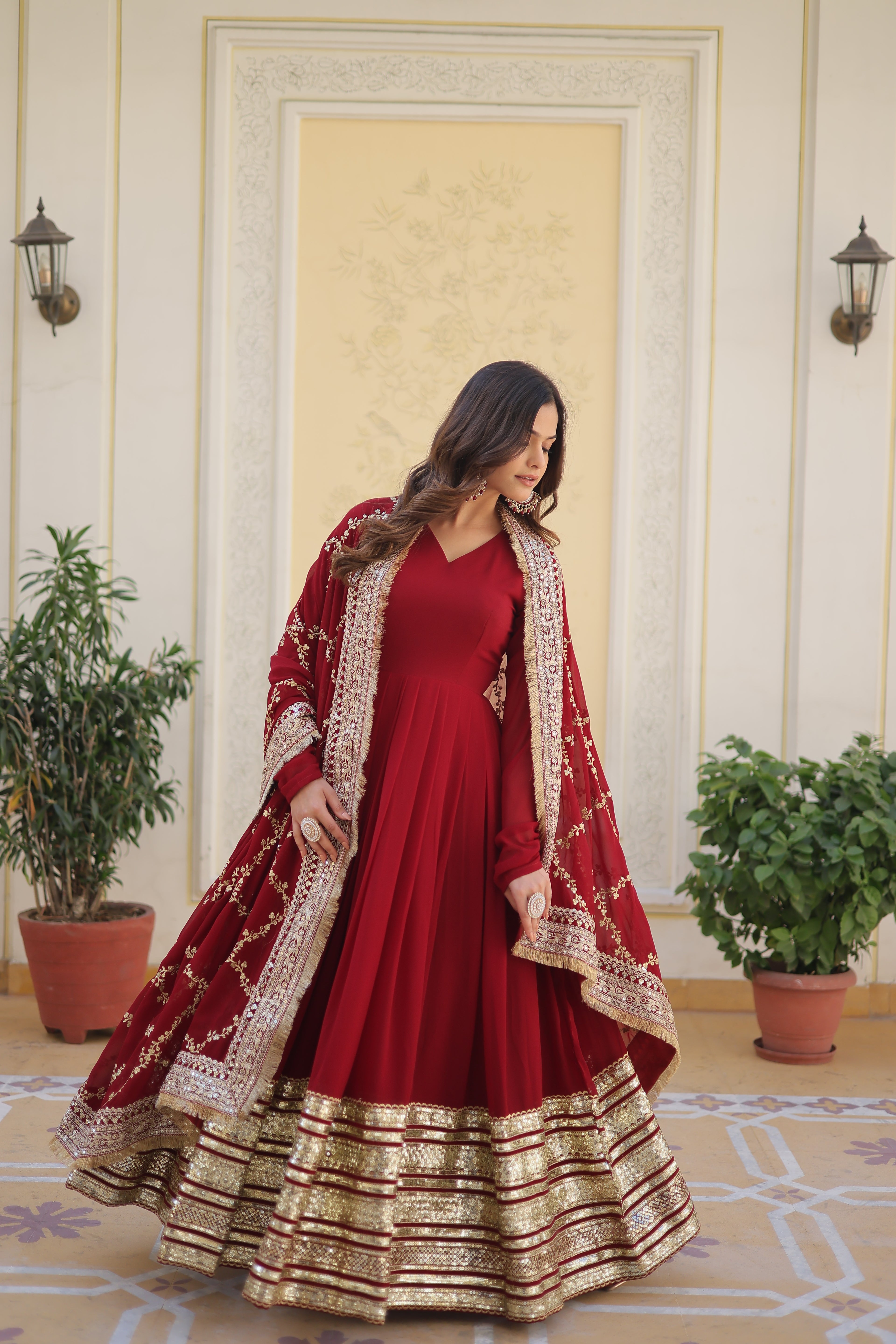 Maroon Blooming Gown with Dupatta | Zari Sequin Embroidered