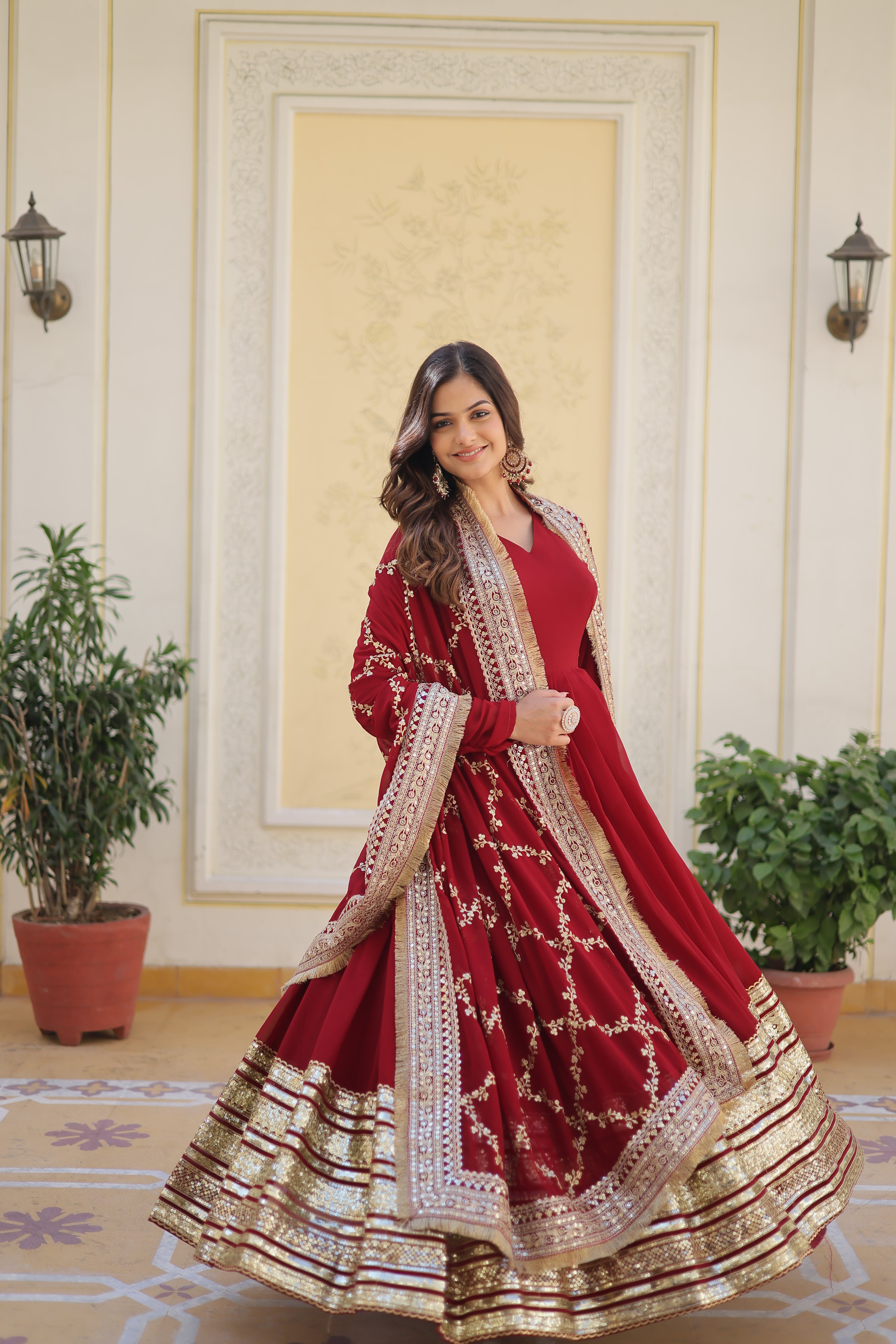 Maroon Blooming Gown with Dupatta | Zari Sequin Embroidered