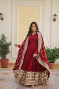 Maroon Blooming Gown with Dupatta | Zari Sequin Embroidered