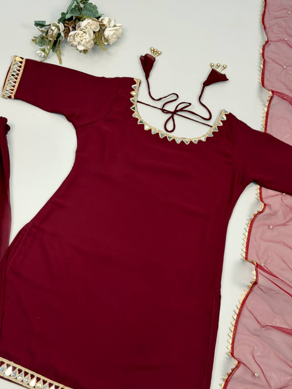 Faux Georgette Mirror Work Top Palazzo Set | Net Dupatta Party Wear