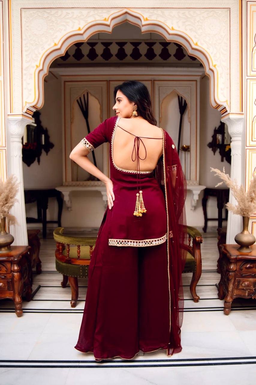 Faux Georgette Mirror Work Top Palazzo Set | Net Dupatta Party Wear