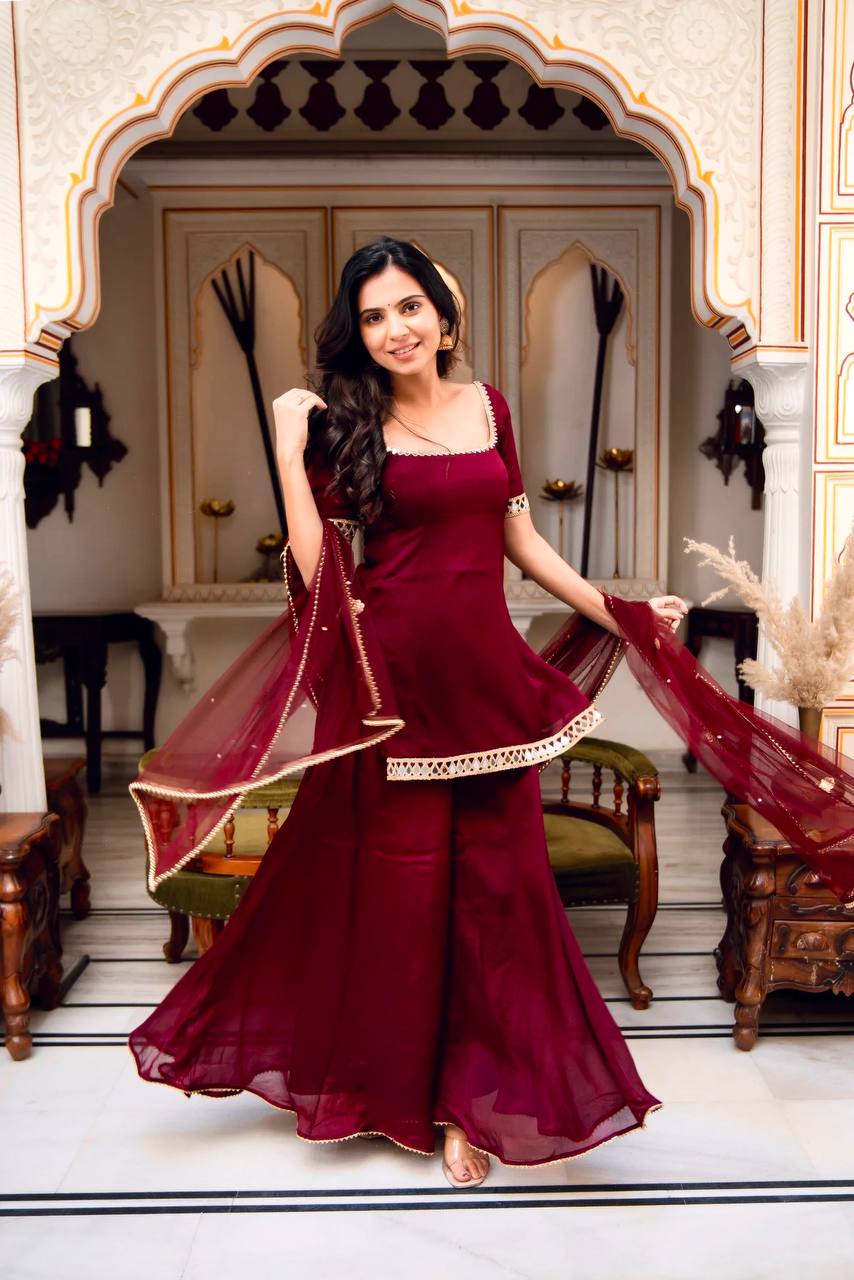 Faux Georgette Mirror Work Top Palazzo Set | Net Dupatta Party Wear