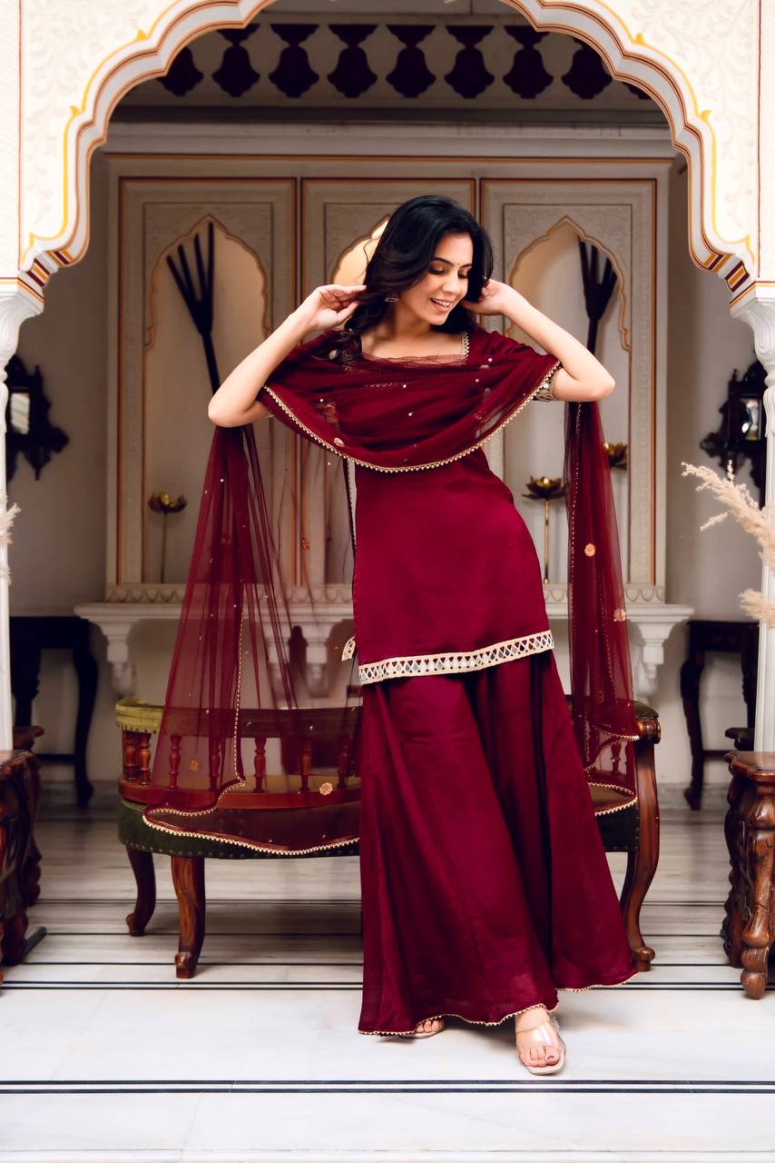 Faux Georgette Mirror Work Top Palazzo Set | Net Dupatta Party Wear