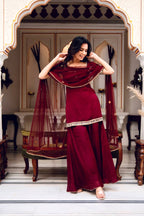 Faux Georgette Mirror Work Top Palazzo Set | Net Dupatta Party Wear