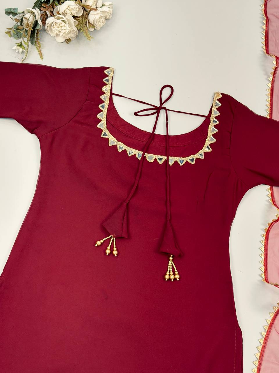 Faux Georgette Mirror Work Top Palazzo Set | Net Dupatta Party Wear