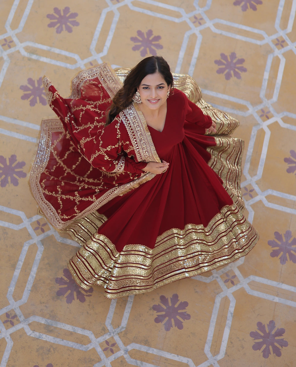 Maroon Blooming Gown with Dupatta | Zari Sequin Embroidered