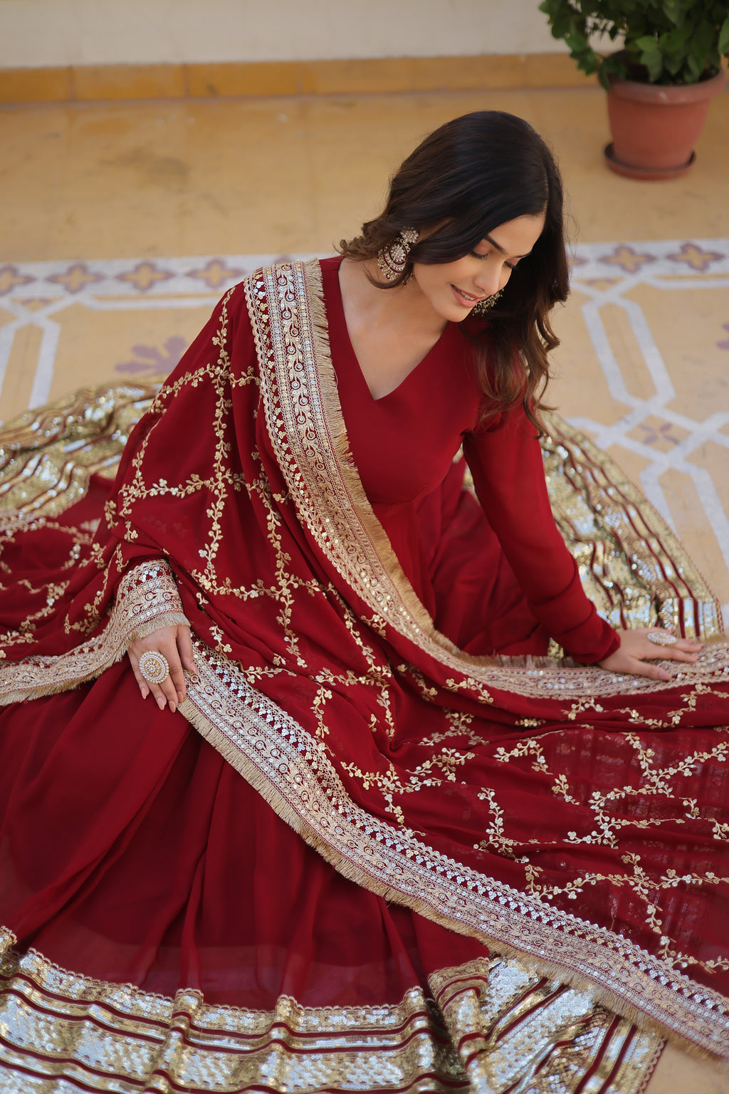 Maroon Blooming Gown with Dupatta | Zari Sequin Embroidered