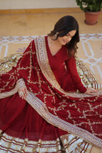 Maroon Blooming Gown with Dupatta | Zari Sequin Embroidered