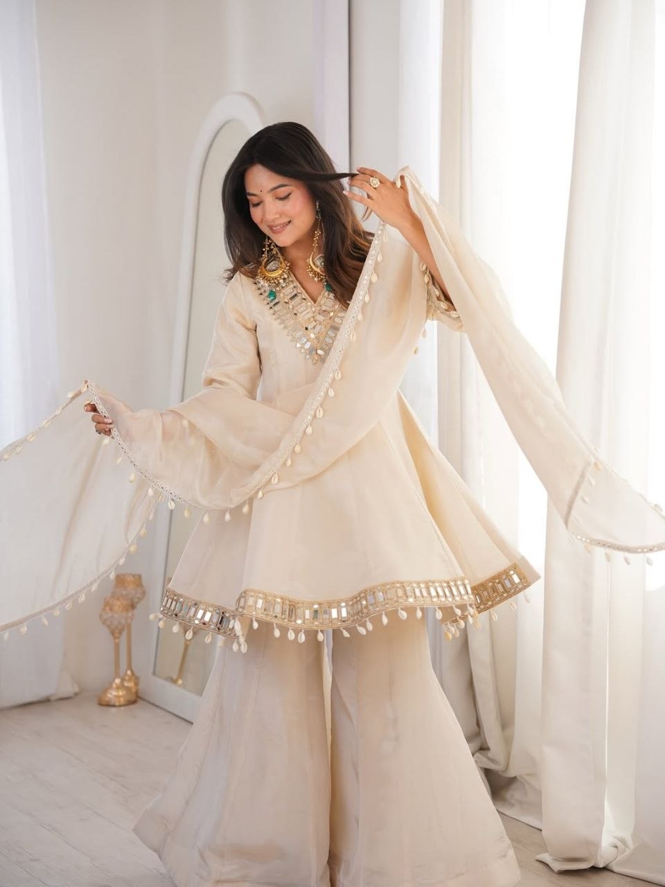 Real Mirror Work Chinon Plazzo Set | Kodi Lace Dupatta | Festive Ethnic Wear