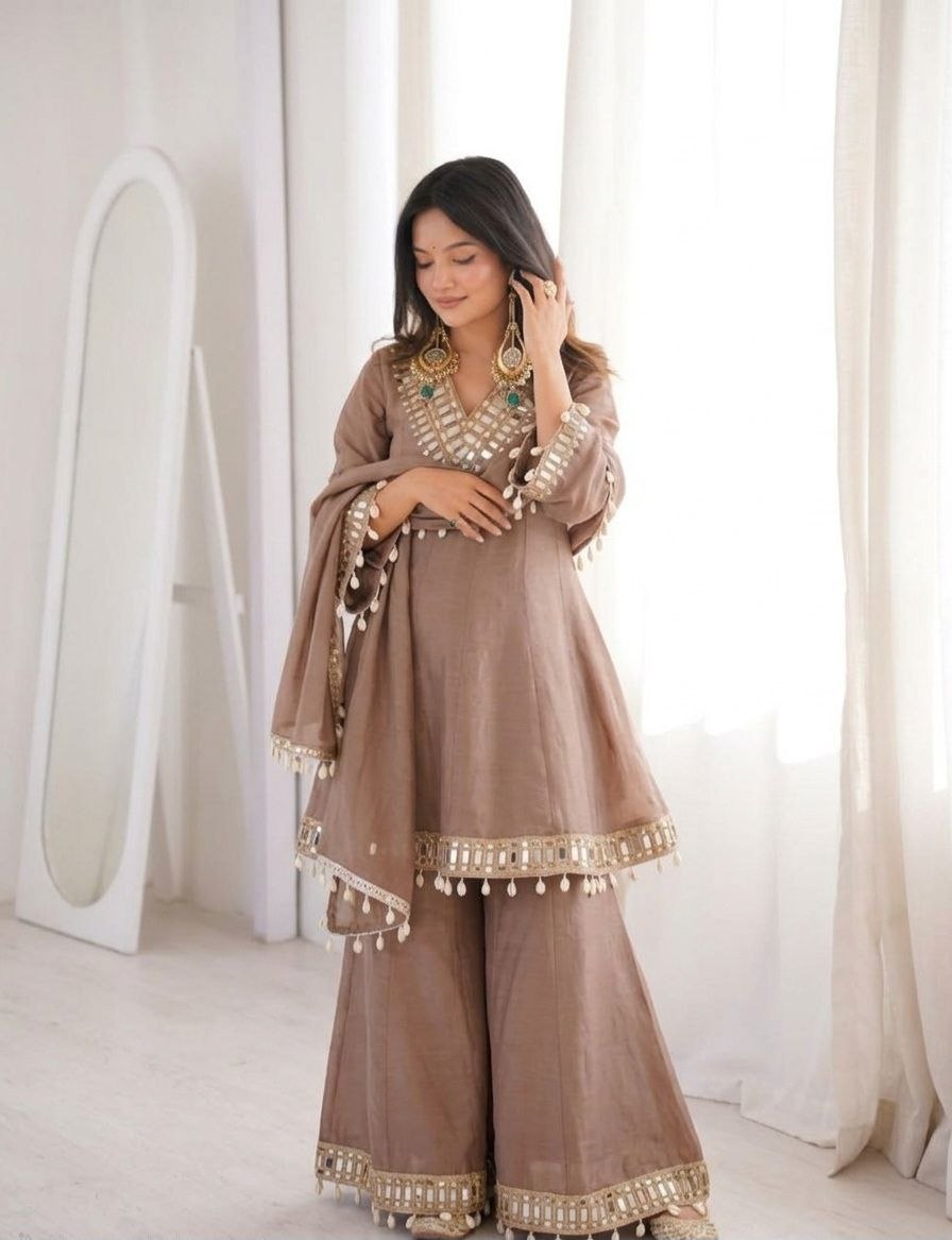 Real Mirror Work Chinon Plazzo Set | Kodi Lace Dupatta | Festive Ethnic Wear