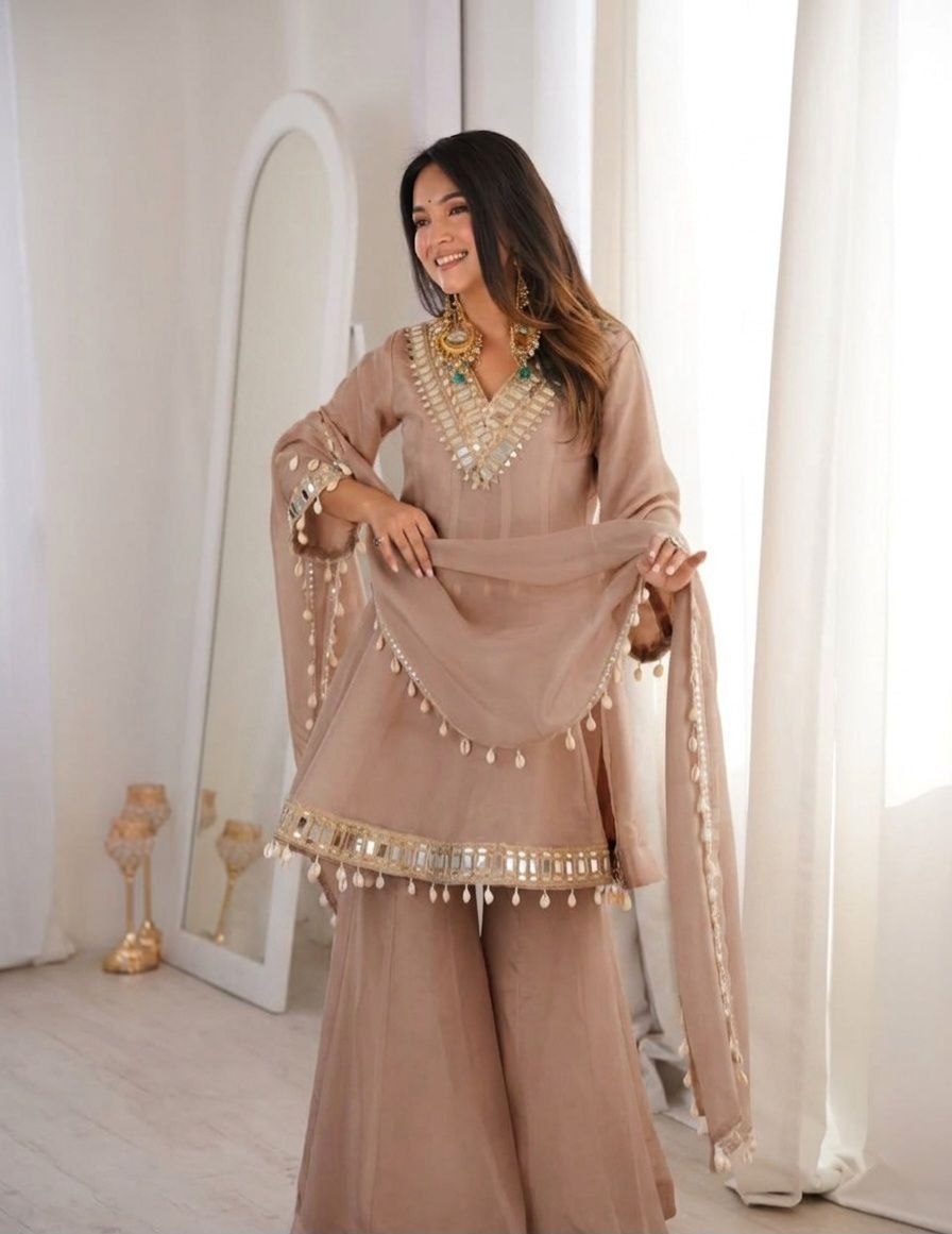 Real Mirror Work Chinon Plazzo Set | Kodi Lace Dupatta | Festive Ethnic Wear
