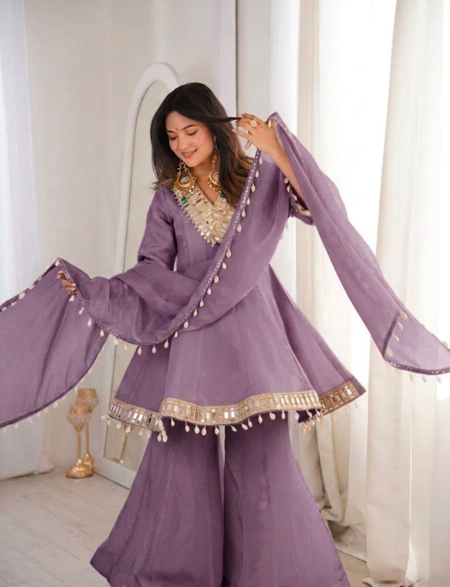 Real Mirror Work Chinon Plazzo Set | Kodi Lace Dupatta | Festive Ethnic Wear