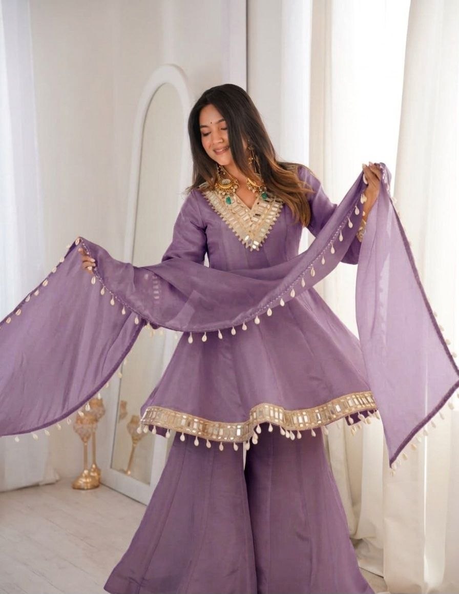 Real Mirror Work Chinon Plazzo Set | Kodi Lace Dupatta | Festive Ethnic Wear