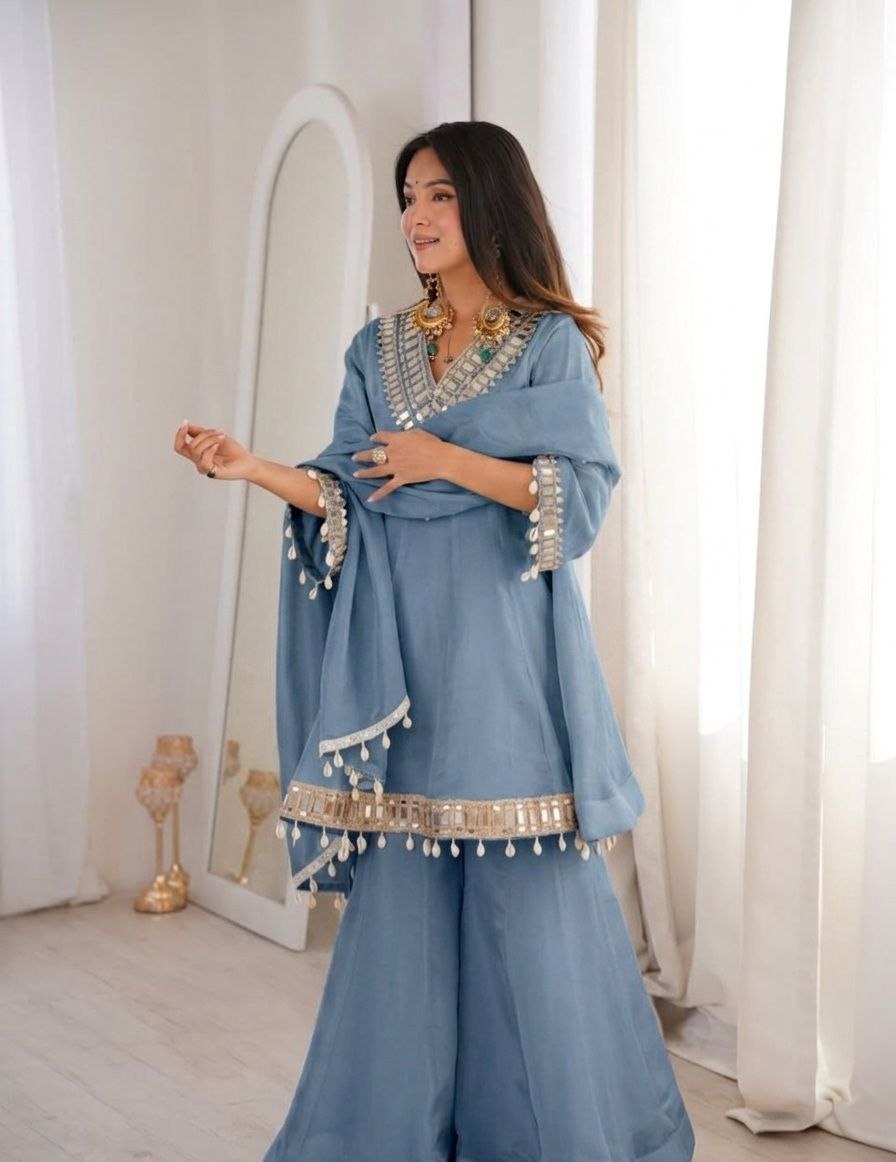 Real Mirror Work Chinon Plazzo Set | Kodi Lace Dupatta | Festive Ethnic Wear