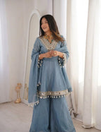 Real Mirror Work Chinon Plazzo Set | Kodi Lace Dupatta | Festive Ethnic Wear