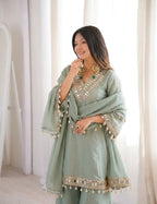 Real Mirror Work Chinon Plazzo Set | Kodi Lace Dupatta | Festive Ethnic Wear