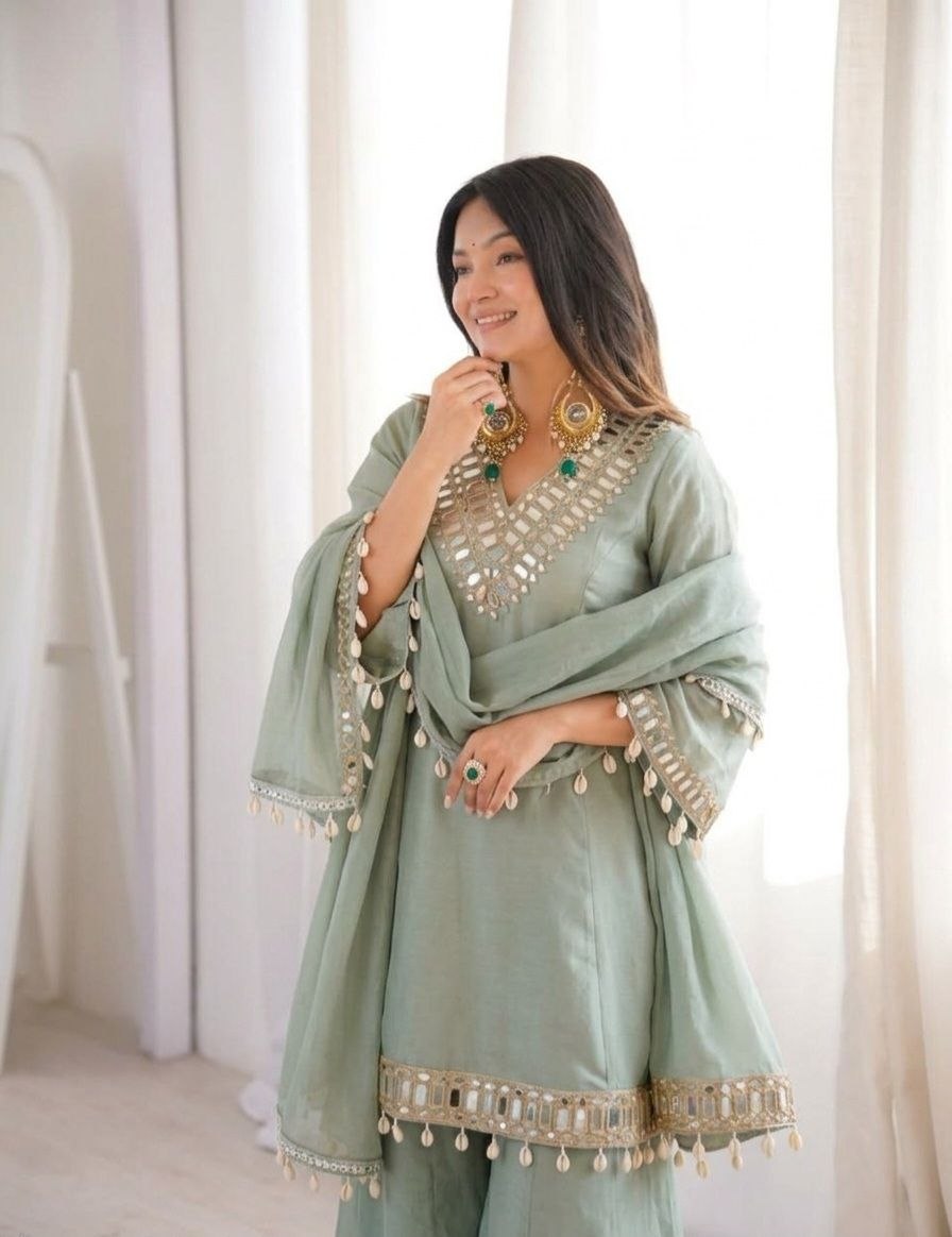 Real Mirror Work Chinon Plazzo Set | Kodi Lace Dupatta | Festive Ethnic Wear