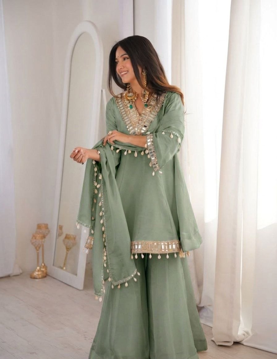 Real Mirror Work Chinon Plazzo Set | Kodi Lace Dupatta | Festive Ethnic Wear