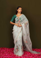 Organza Silk Floral Handwork Saree | Mist Blue Festive Wear