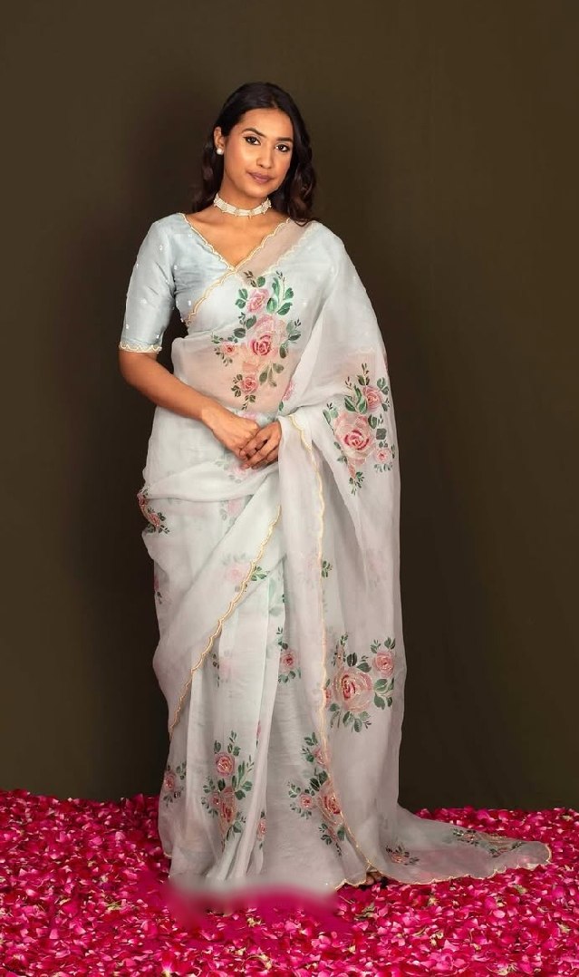 Organza Silk Printed Handwork Ready To Wear Saree | Festive
