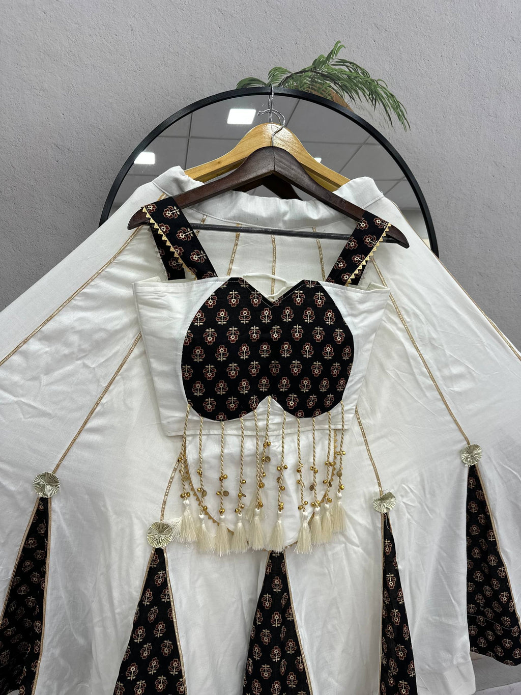 Navratri Special Ajrak Print & Hand Latkan Work Pure Cotton Lehenga Choli Set | 6 Mtr Flair
