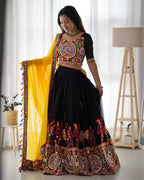 Chain-Stitch Original Mirror Work Faux Georgette Lehenga Set | With Choli & Dupatta