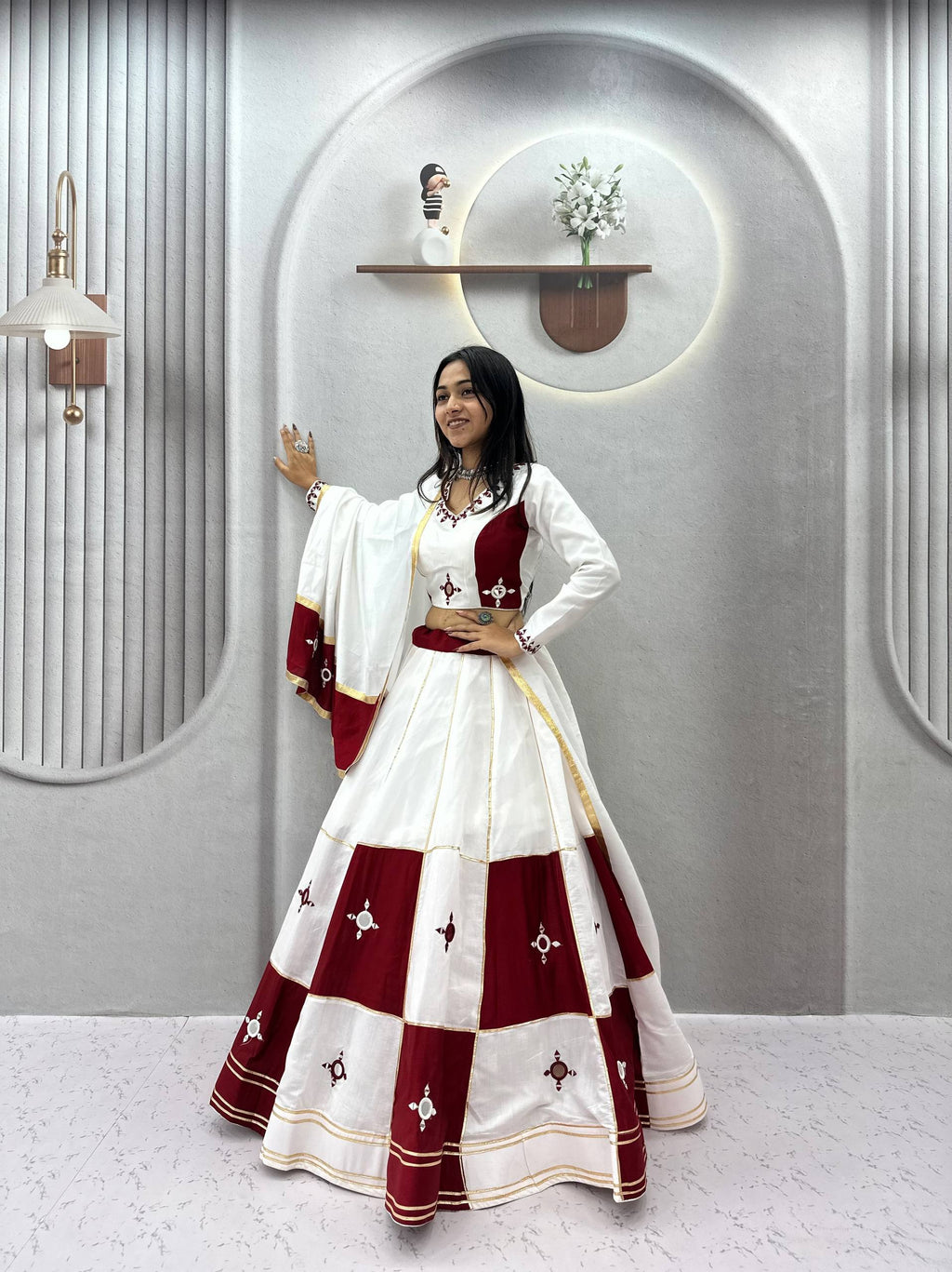 Navratri Special Hand Mirror & Gotapatti Lace Work Pure Cotton Lehenga Set | 6 Mtr Flair