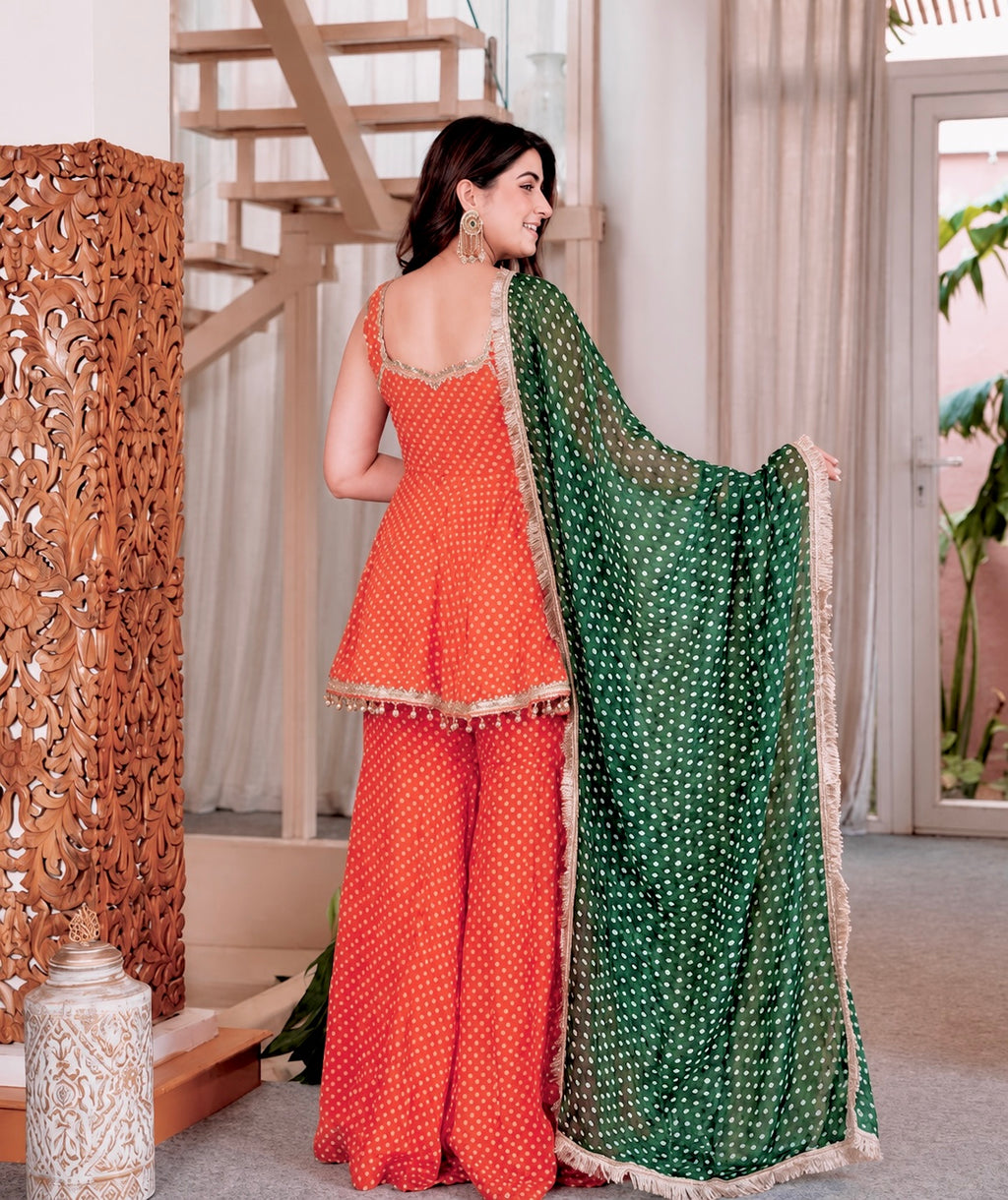 Fancy Bandhej Print Kediya-Palazzo with Dupatta Set
