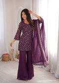 Wine Crushed Silk Sequin Zari Kurta Set with Bell-Bottom — Festive Wear