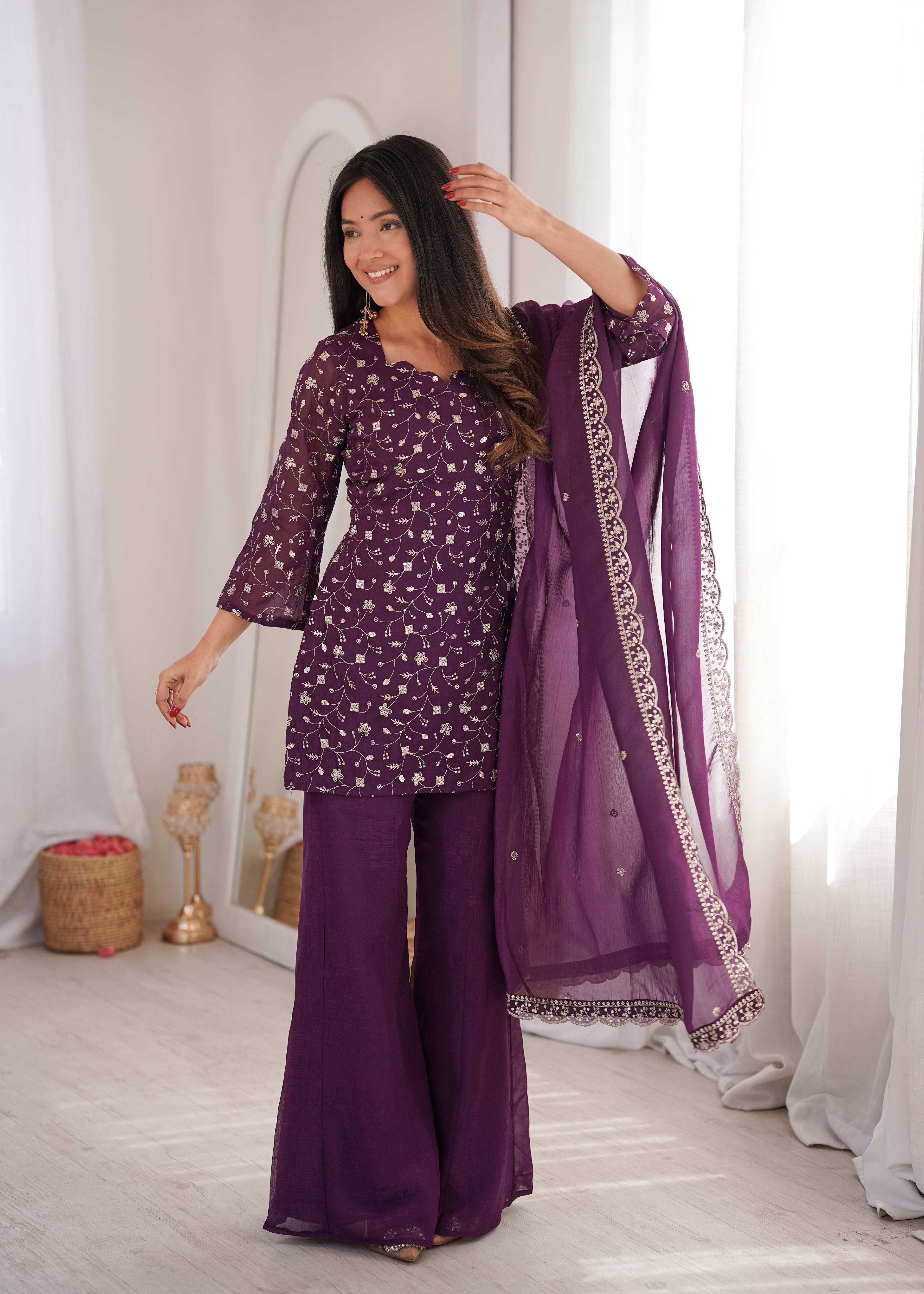 Wine Crushed Silk Sequin Zari Kurta Set with Bell-Bottom — Festive Wear