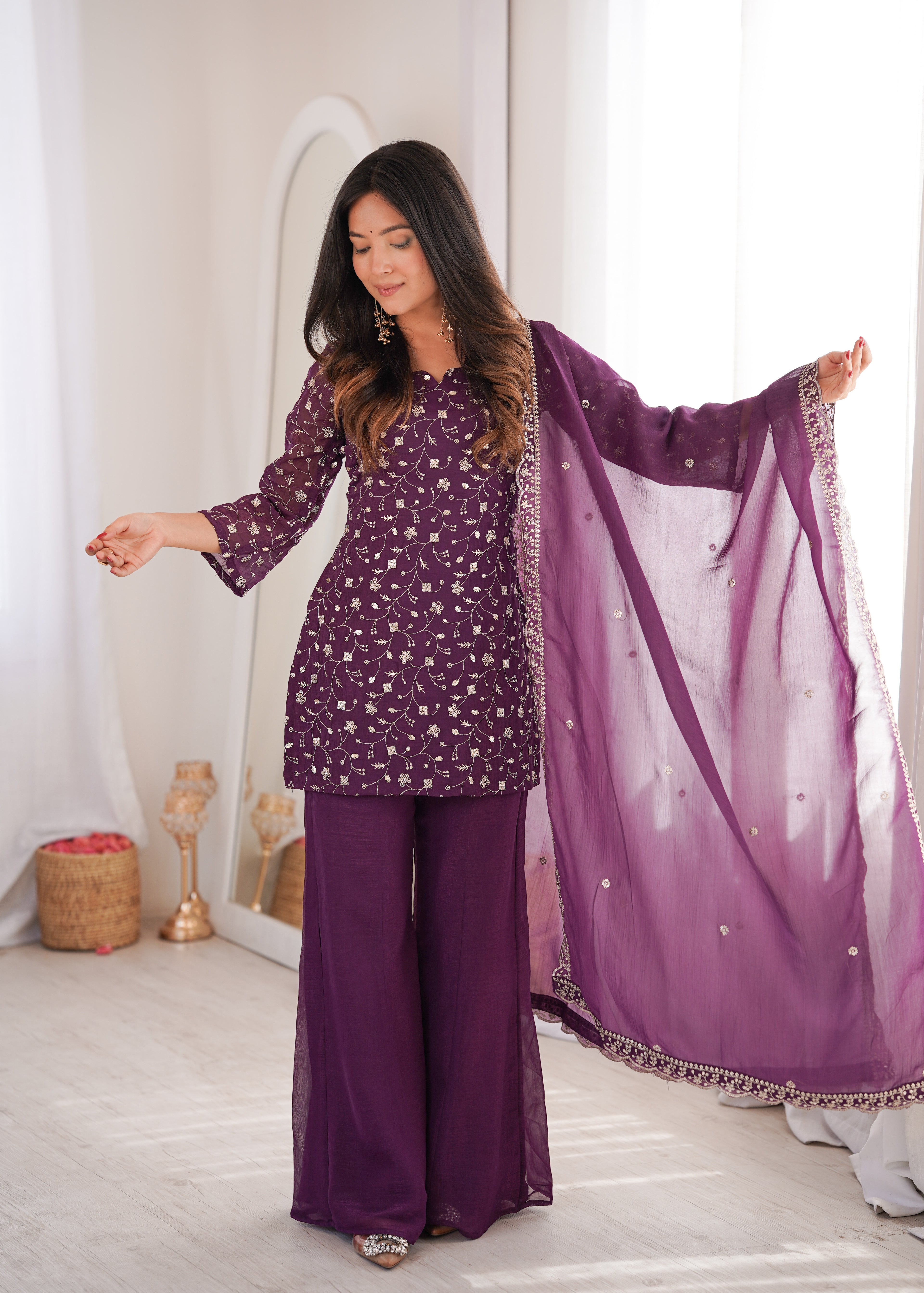 Wine Crushed Silk Sequin Zari Kurta Set with Bell-Bottom — Festive Wear