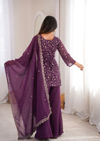 Wine Crushed Silk Sequin Zari Kurta Set with Bell-Bottom — Festive Wear