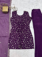 Wine Crushed Silk Sequin Zari Kurta Set with Bell-Bottom — Festive Wear