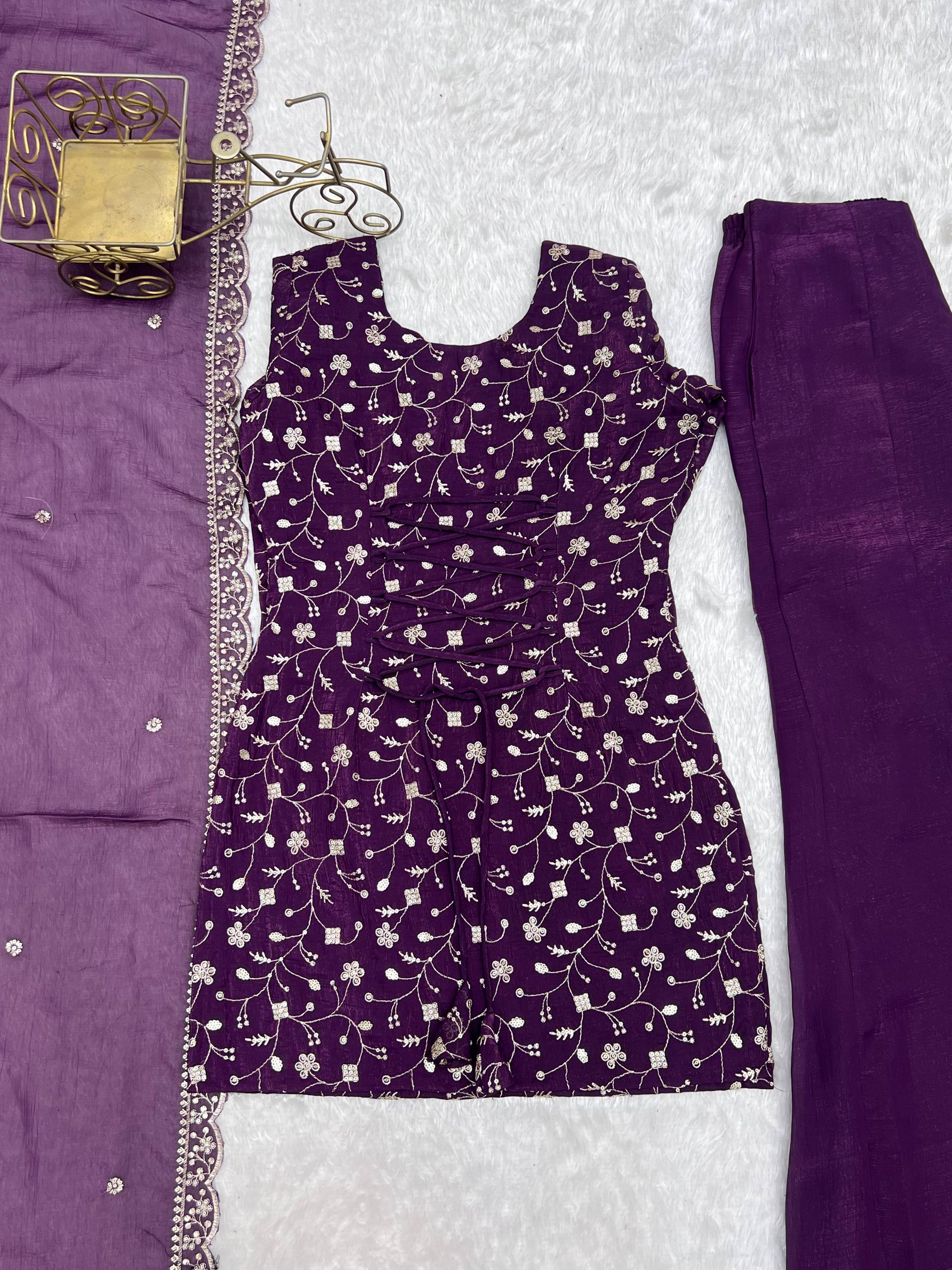 Wine Crushed Silk Sequin Zari Kurta Set with Bell-Bottom — Festive Wear