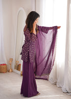 Wine Crushed Silk Sequin Zari Kurta Set with Bell-Bottom — Festive Wear